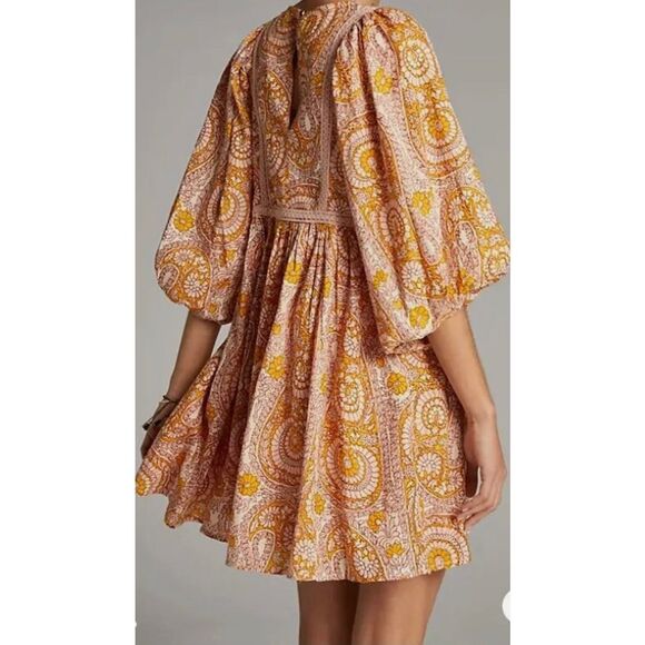 Anthropologie Agathe Lace Mini Dress Lace Neck Tie Tassels Pink gold size M - Picture 10 of 12